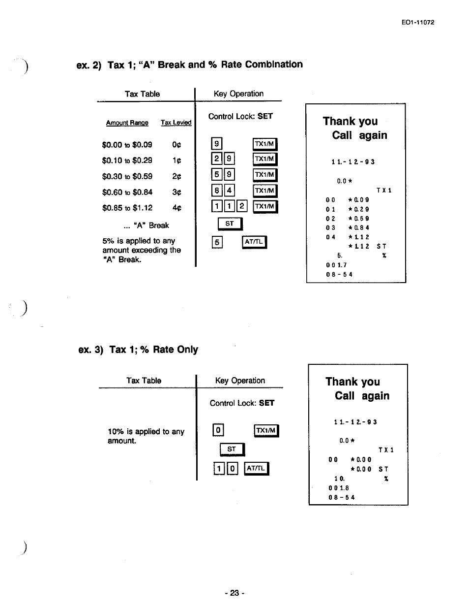 Ex. 2) tax 1; “a” break and % rate combination, Thank you call again, Ex. 3) tax 1; % rate only | Tax 1; “a” break and % rate combination | Toshiba TEC MA-85-100 User Manual | Page 25 / 120