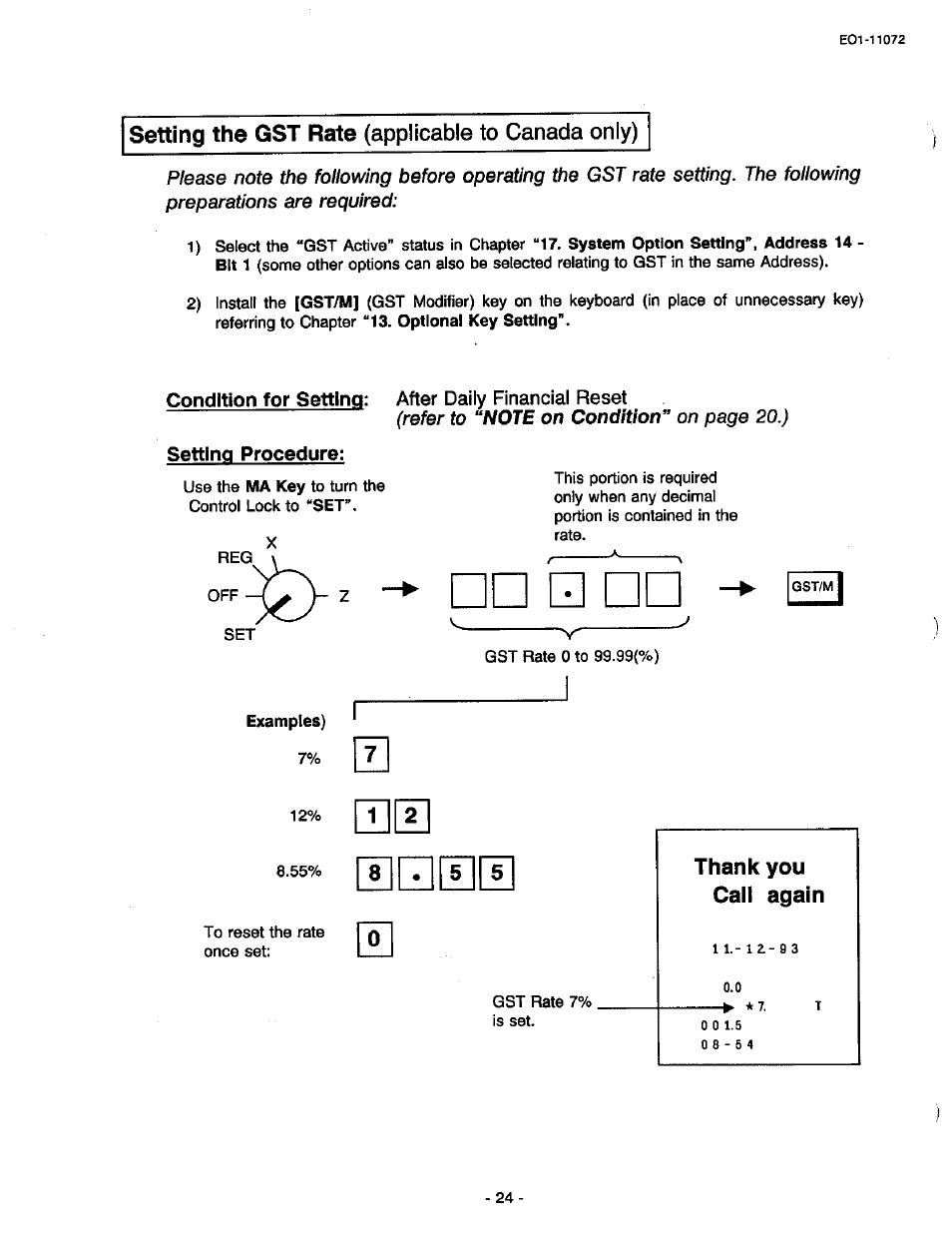 Condition for setting: after daily financial reset, Setting procedure, Thank you call again | Toshiba TEC MA-85-100 User Manual | Page 26 / 120