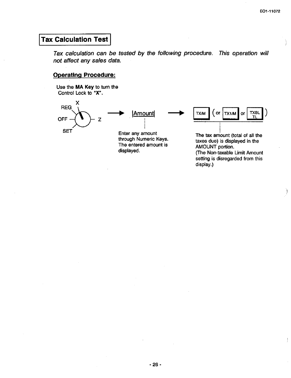 Tax calculation test, Operating procedure, Amount | Toshiba TEC MA-85-100 User Manual | Page 28 / 120