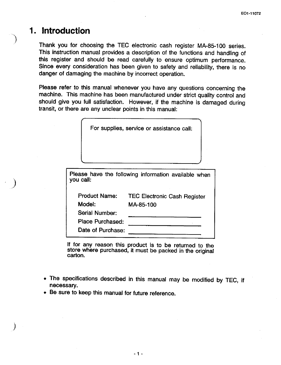 Introduction | Toshiba TEC MA-85-100 User Manual | Page 3 / 120