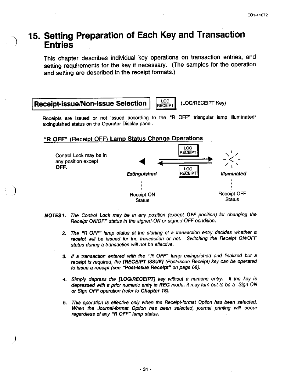 R off” (receipt off) lamp status change operations, Receipt-issue/non-issue selection | Toshiba TEC MA-85-100 User Manual | Page 33 / 120