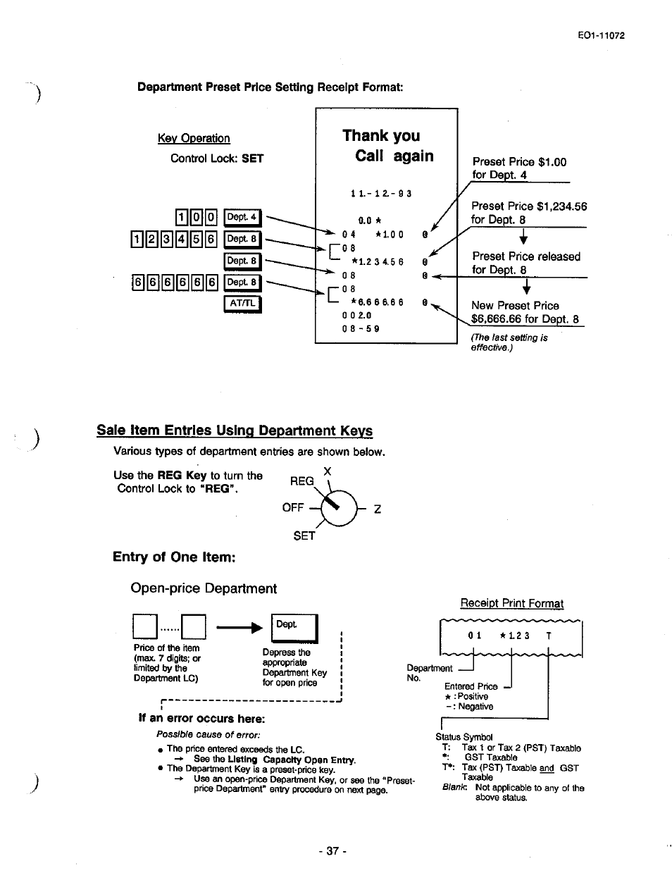 Sale item entries using department keys, Entry of one item, Open-price department | Toshiba TEC MA-85-100 User Manual | Page 39 / 120