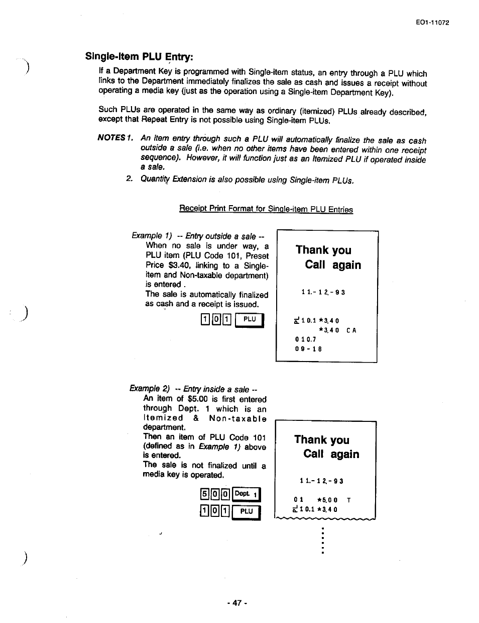 Single-item plu entry, Thank you call again | Toshiba TEC MA-85-100 User Manual | Page 49 / 120