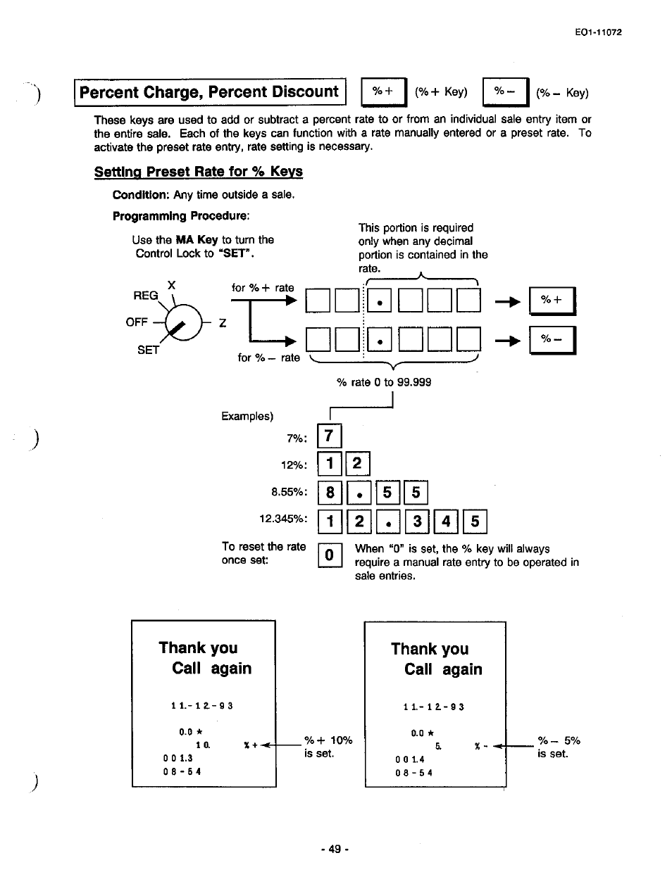 Setting preset rate for % keys, Percent charge, percent discount, 71 2 [t] hq [tim | Toshiba TEC MA-85-100 User Manual | Page 51 / 120