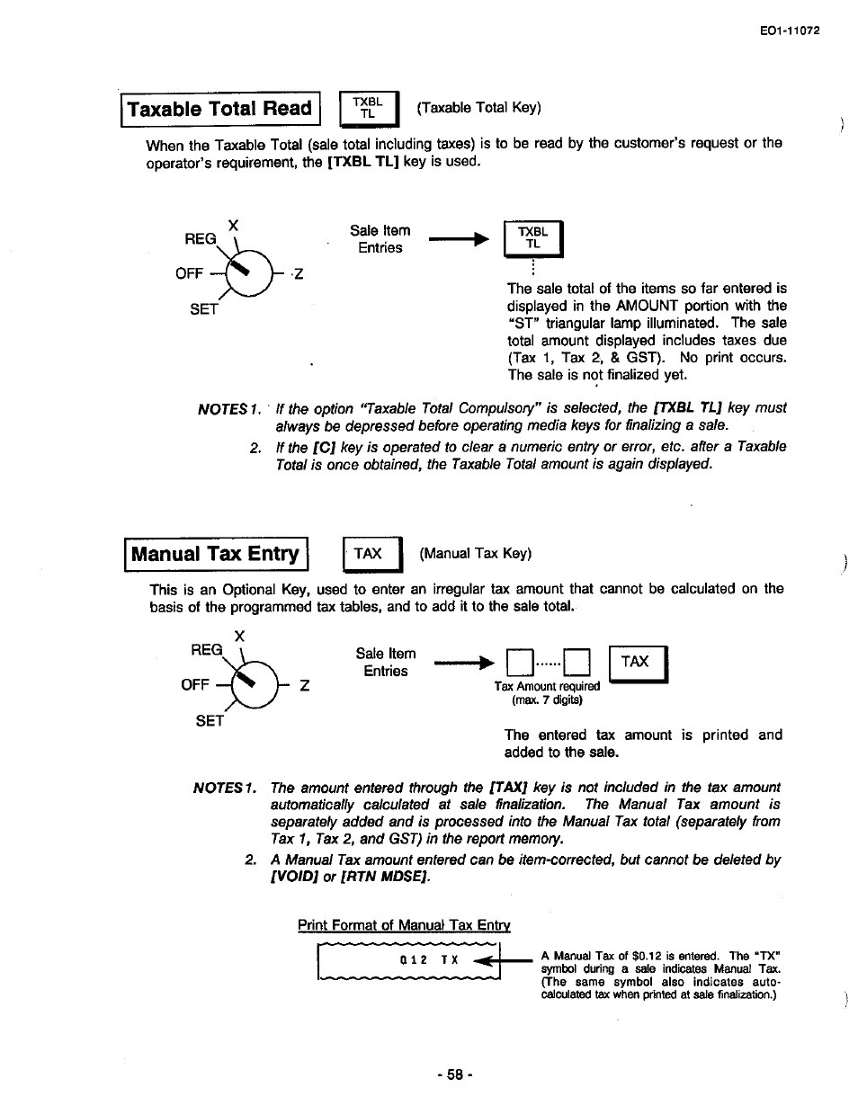 Taxable total read, Manual tax entry | Toshiba TEC MA-85-100 User Manual | Page 58 / 120