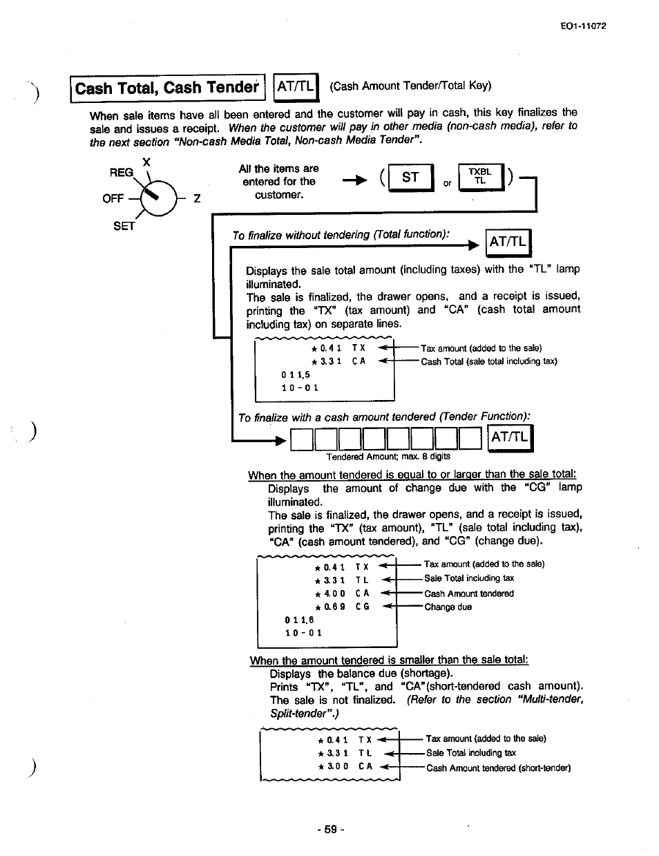 Cash total, cash tender, At/tl | Toshiba TEC MA-85-100 User Manual | Page 59 / 120