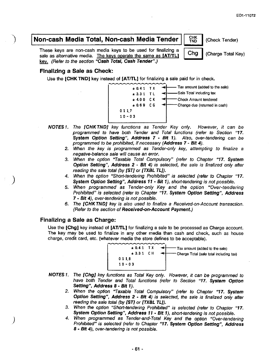Non-cash media total, non-cash media tender, Finalizing a sale as charge, Finalizing a sale as check | Toshiba TEC MA-85-100 User Manual | Page 61 / 120