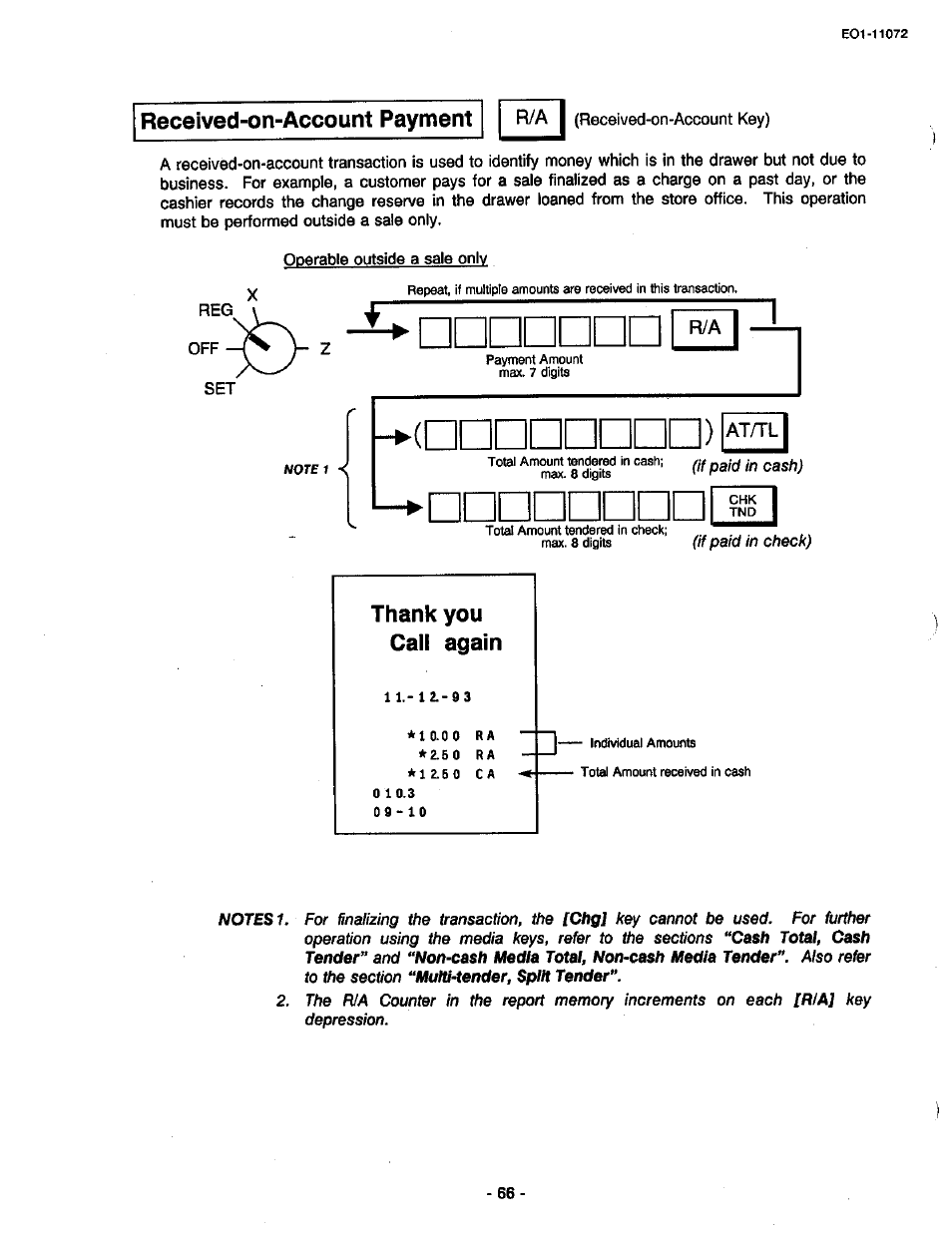 Received-on-account payment, Thank you call again | Toshiba TEC MA-85-100 User Manual | Page 66 / 120