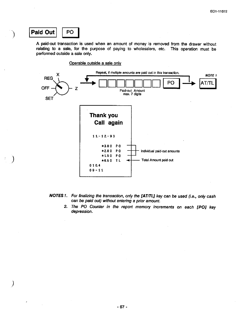 Paid out, Thank you call again, At/tl | Toshiba TEC MA-85-100 User Manual | Page 67 / 120