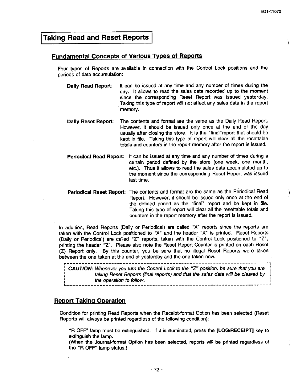 Taking read and reset reports, Fundamental concepts of various types of reports, Report taking operation | Toshiba TEC MA-85-100 User Manual | Page 72 / 120