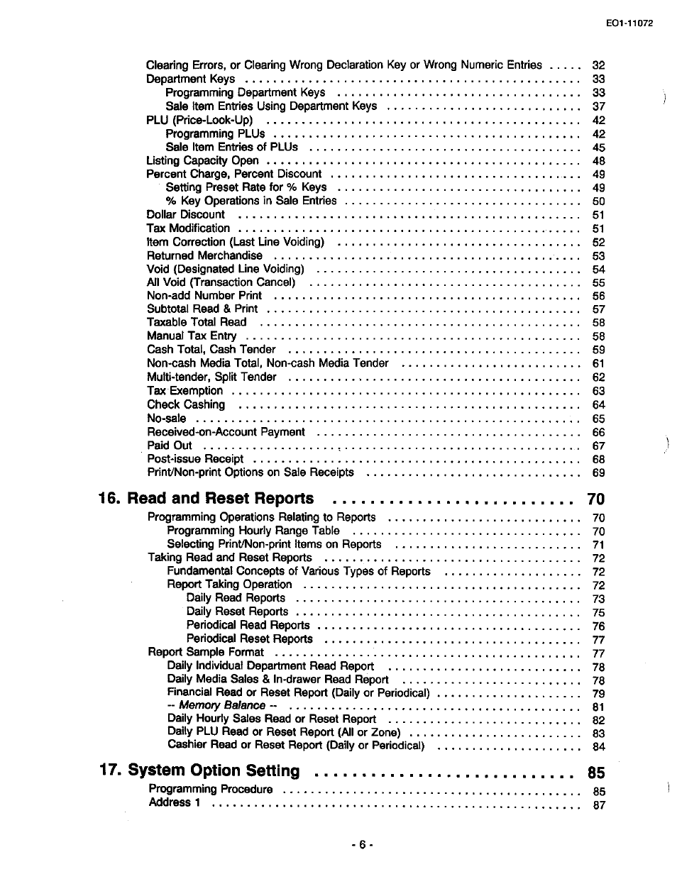 Read and reset reports, System option setting | Toshiba TEC MA-85-100 User Manual | Page 8 / 120