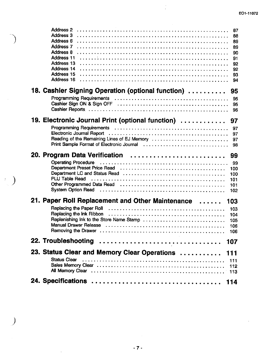 Cashier signing operation (optionai function), Eiectronic journai print (optionai function), Program data verification | Paper roll repiacement and other maintenance, Specifications | Toshiba TEC MA-85-100 User Manual | Page 9 / 120