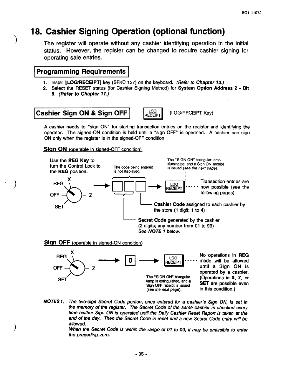 Cashier signing operation (optionai function), Programming requirements, Cashier sign on & sign off | Sian on, Sian off | Toshiba TEC MA-85-100 User Manual | Page 95 / 120