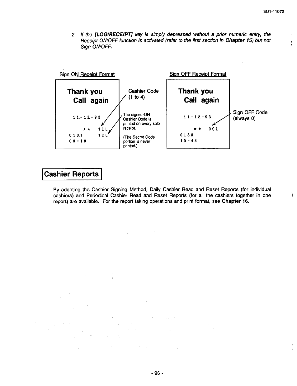 Cashier reports, Call again | Toshiba TEC MA-85-100 User Manual | Page 96 / 120