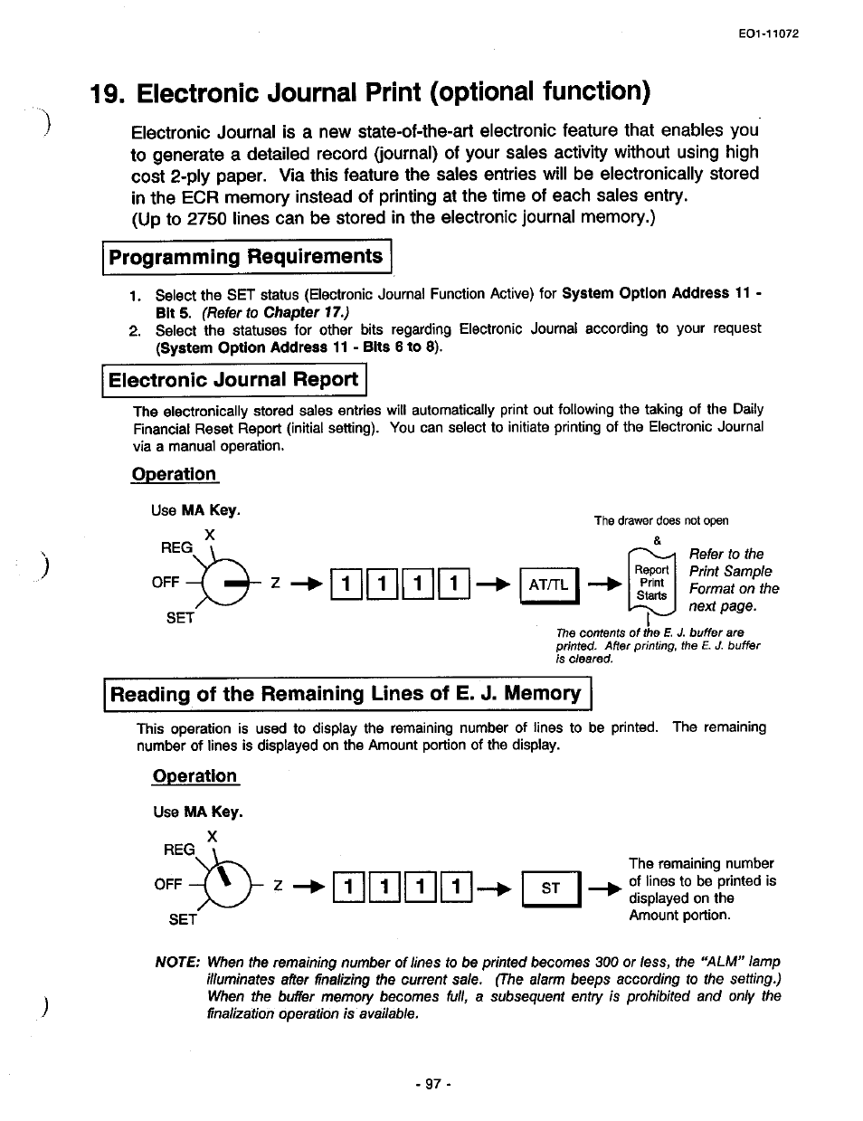 Electronic journal print (optional function), Programming requirements, Eiectronic journai report | Operation, Reading of the remaining lines of e. j. memory, Eiectronic journai print (optionai function) | Toshiba TEC MA-85-100 User Manual | Page 97 / 120