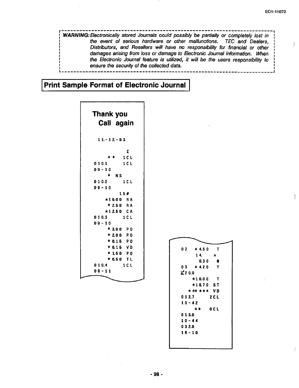 Print sample format of electronic journal, Thank you call again | Toshiba TEC MA-85-100 User Manual | Page 98 / 120