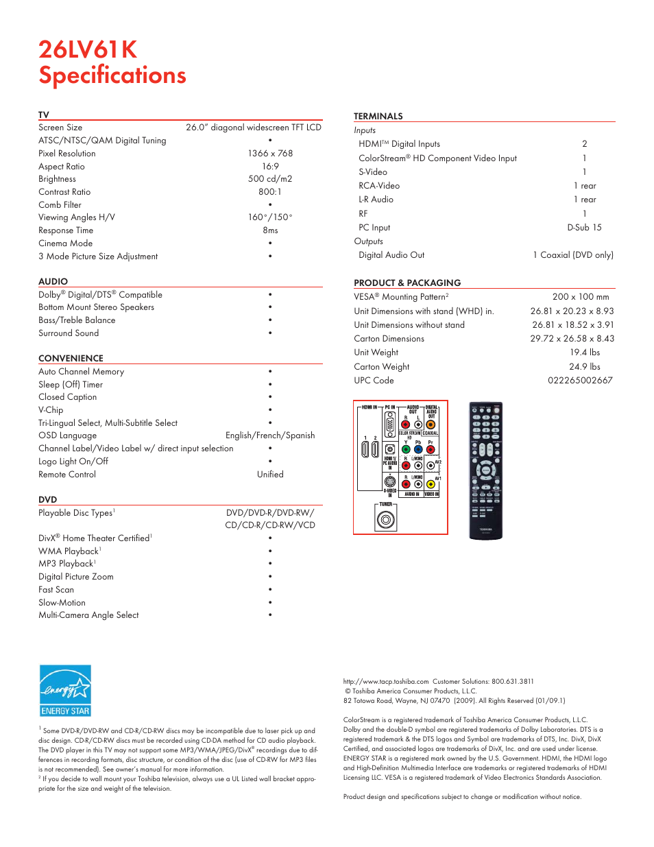 26lv61k speciﬁ cations | Toshiba 26LV61K User Manual | Page 2 / 2