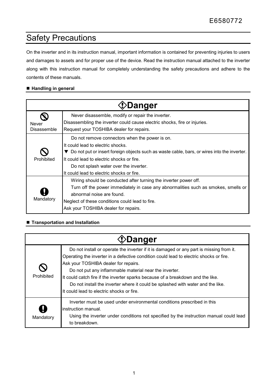 Danger, Safety precautions | Toshiba Tosvert Inverter E6580772 User Manual | Page 2 / 26