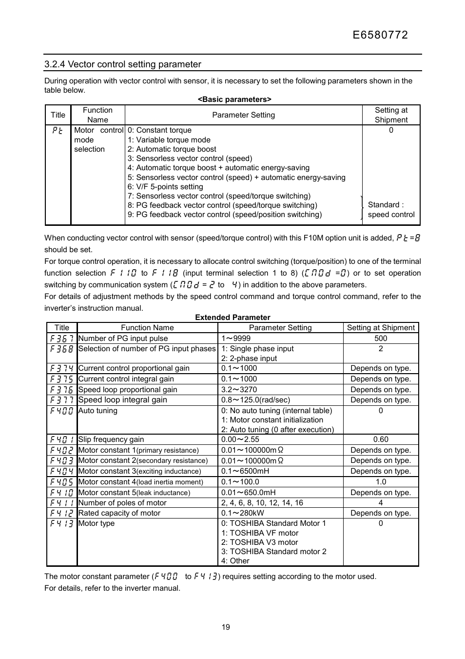 4 vector control setting parameter | Toshiba Tosvert Inverter E6580772 User Manual | Page 20 / 26