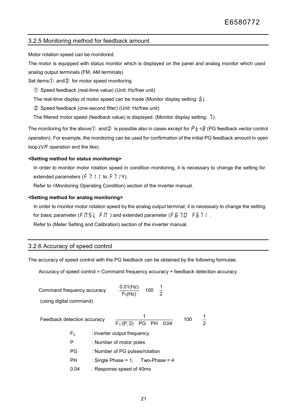 5 monitoring method for feedback amount, 6 accuracy of speed control | Toshiba Tosvert Inverter E6580772 User Manual | Page 22 / 26