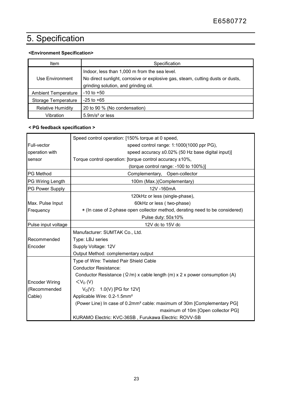 Specification | Toshiba Tosvert Inverter E6580772 User Manual | Page 24 / 26