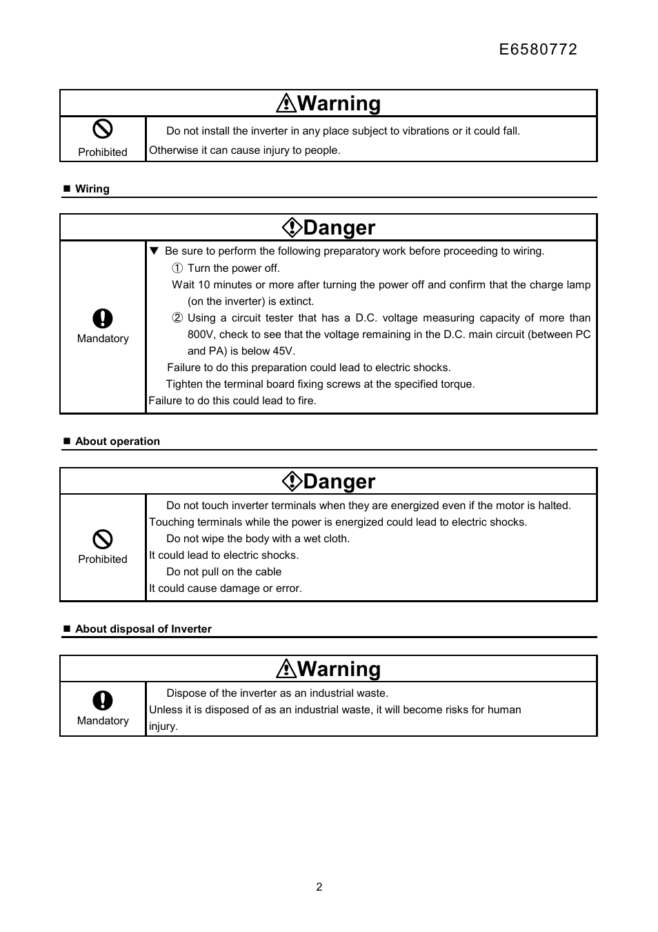 Warning, Danger | Toshiba Tosvert Inverter E6580772 User Manual | Page 3 / 26