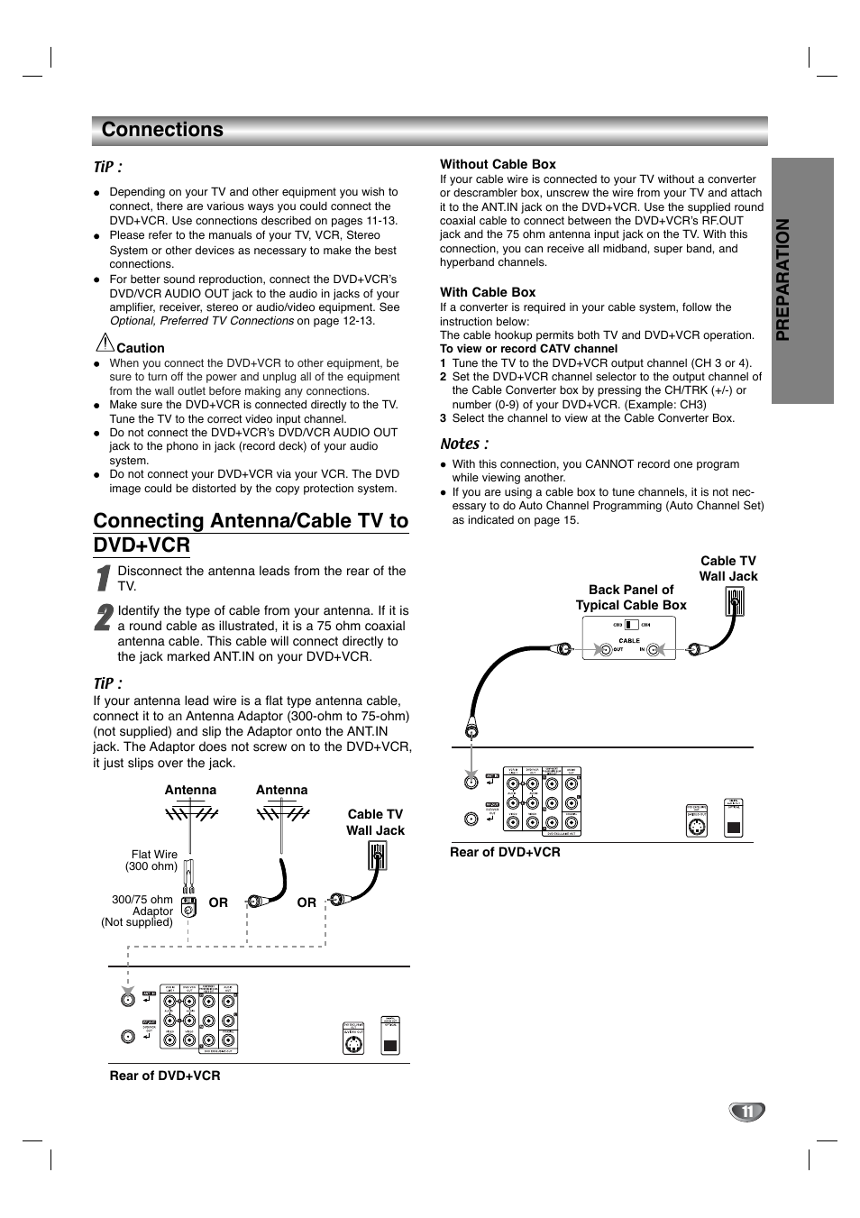 Connections, Connecting antenna/cable tv to dvd+vcr, Prep ara tion | Toshiba SD-V596SU User Manual | Page 11 / 49