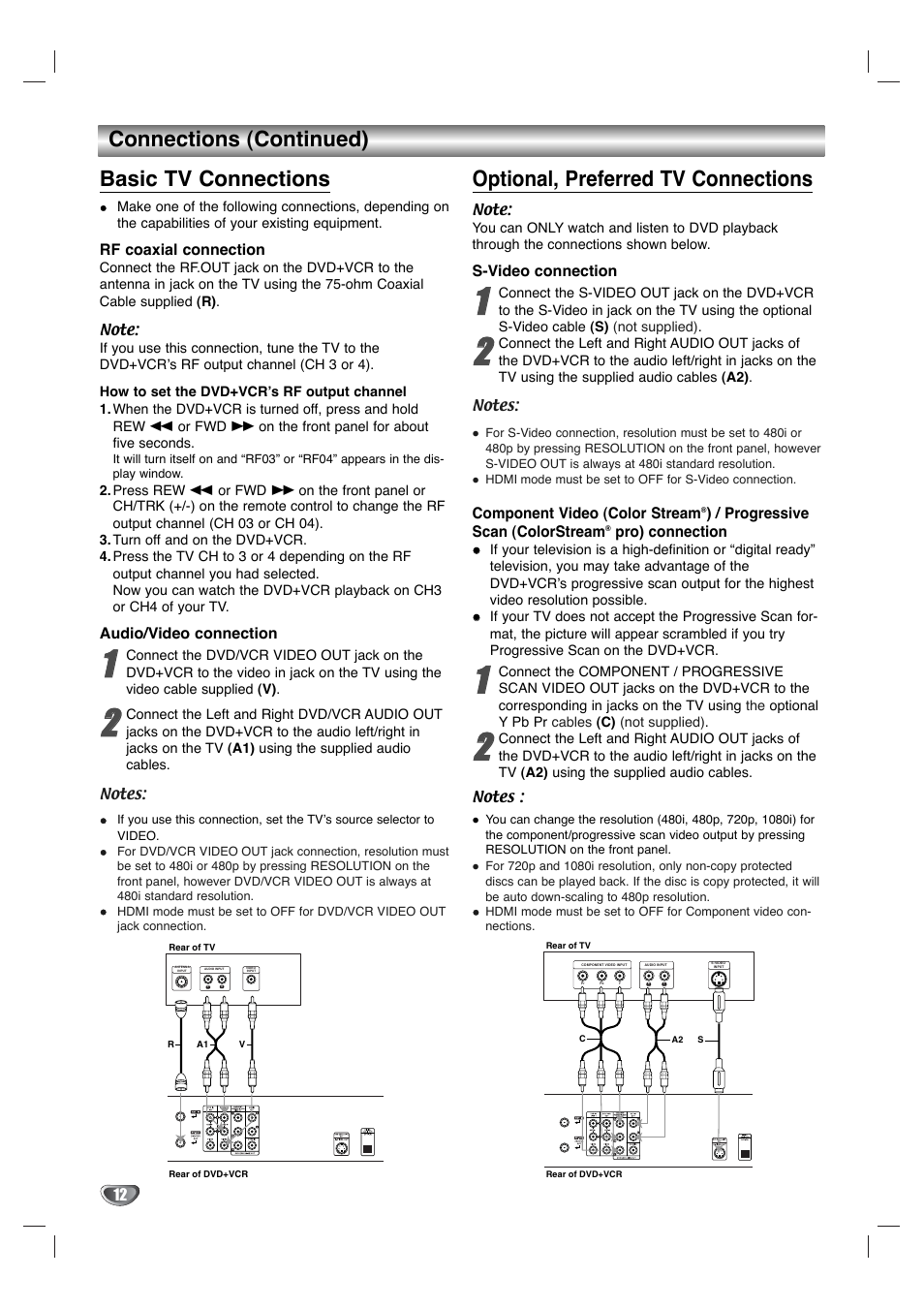 Connections (continued) basic tv connections, Optional, preferred tv connections | Toshiba SD-V596SU User Manual | Page 12 / 49