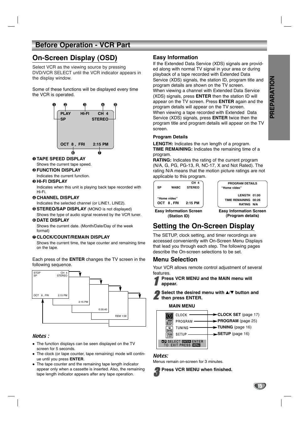 Setting the on-screen display, Menu selection, Prep ara tion | Easy information | Toshiba SD-V596SU User Manual | Page 15 / 49