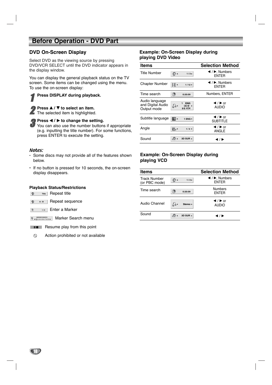 Before operation - dvd part, Dvd on-screen display | Toshiba SD-V596SU User Manual | Page 18 / 49