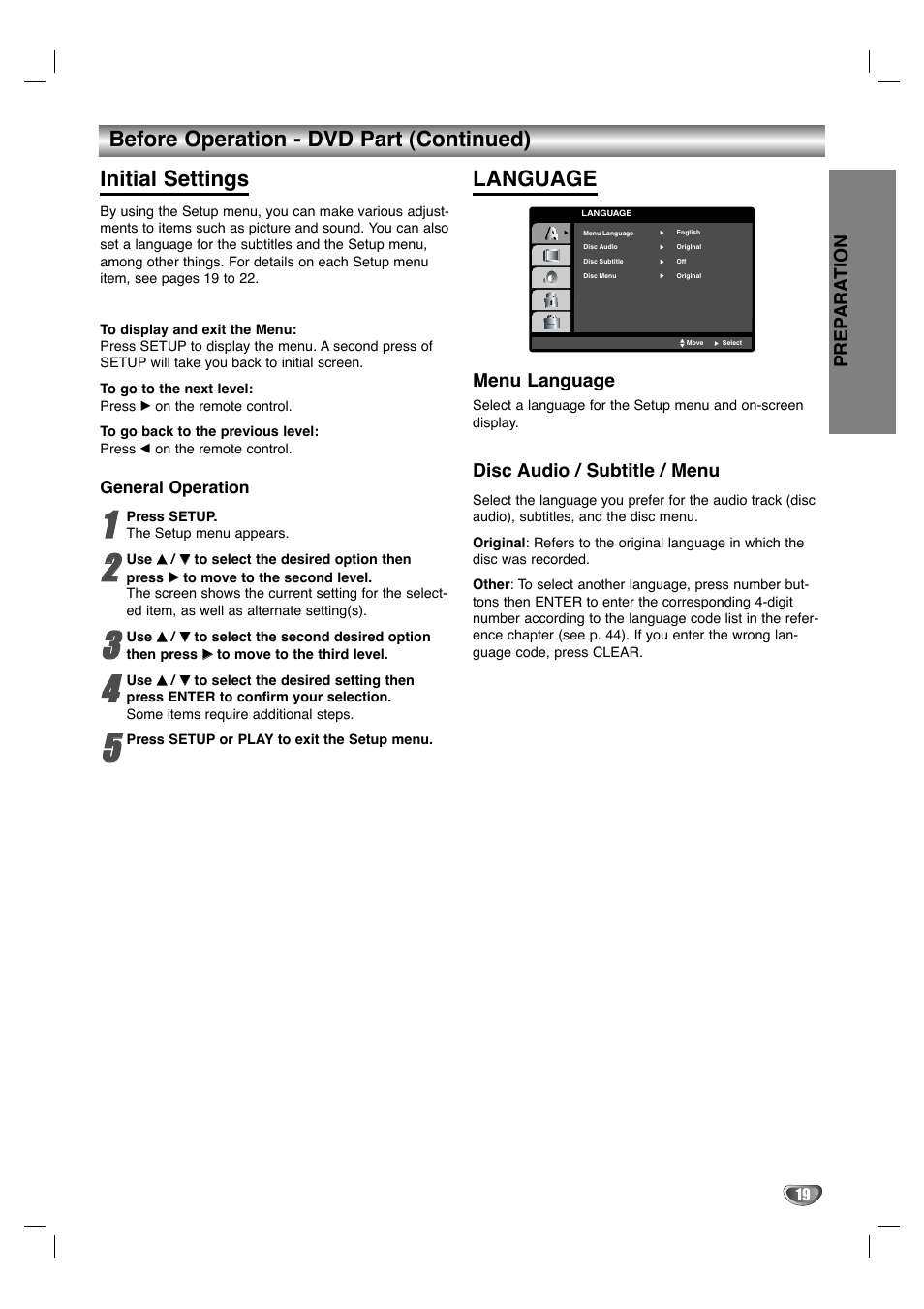 Language, Menu language, Disc audio / subtitle / menu | Prep ara tion | Toshiba SD-V596SU User Manual | Page 19 / 49