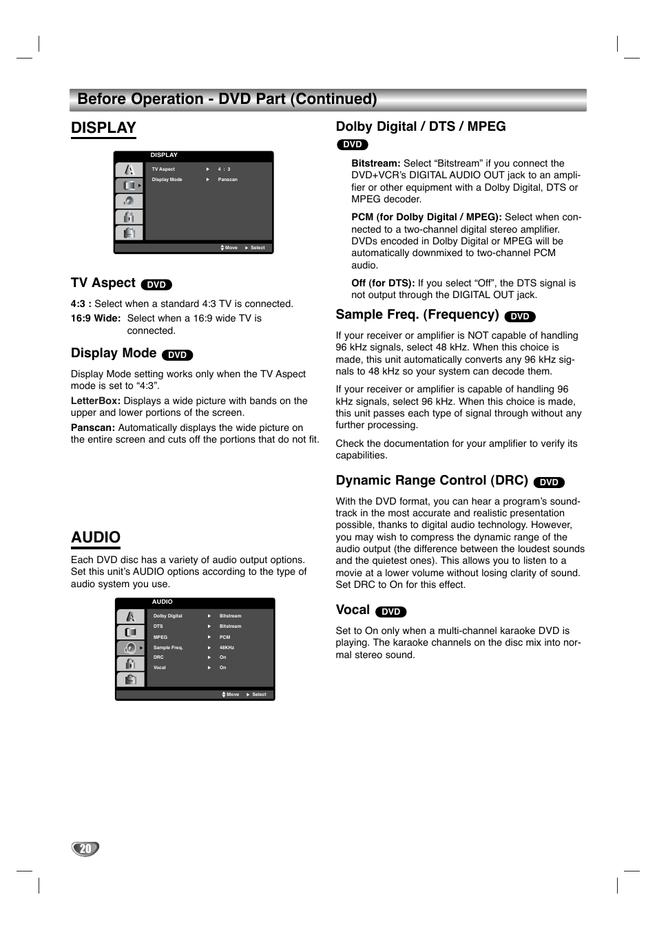 Before operation - dvd part (continued) display, Audio, Tv aspect | Display mode, Dolby digital / dts / mpeg, Sample freq. (frequency), Dynamic range control (drc), Vocal | Toshiba SD-V596SU User Manual | Page 20 / 49