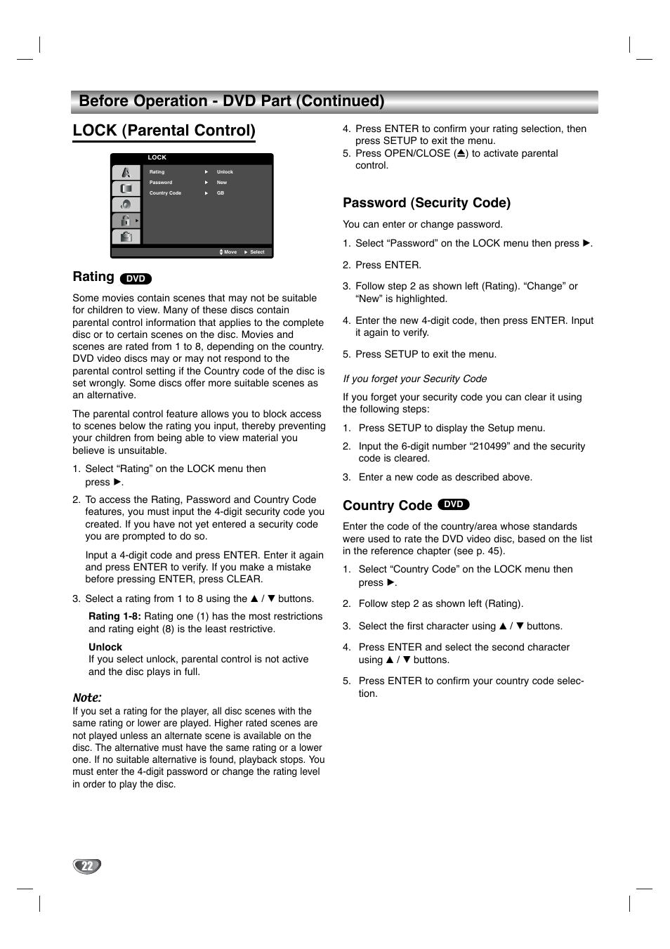 Rating, Password (security code), Country code | Toshiba SD-V596SU User Manual | Page 22 / 49