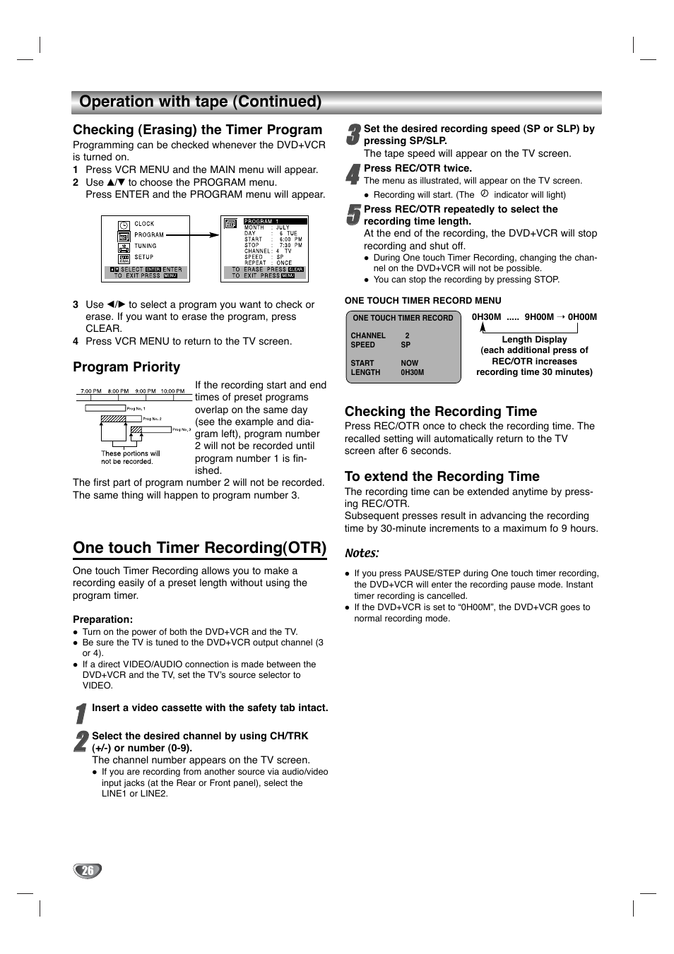Operation with tape (continued), One touch timer recording(otr) | Toshiba SD-V596SU User Manual | Page 26 / 49