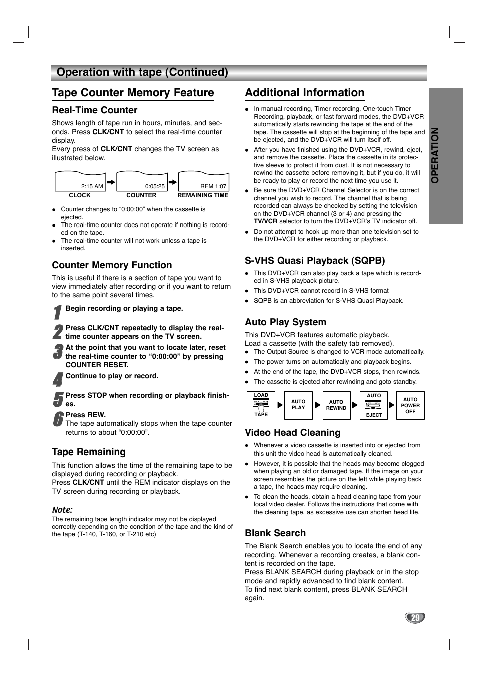 Additional information, Opera tion, Real-time counter | Tape remaining, S-vhs quasi playback (sqpb), Auto play system, Video head cleaning, Blank search | Toshiba SD-V596SU User Manual | Page 29 / 49