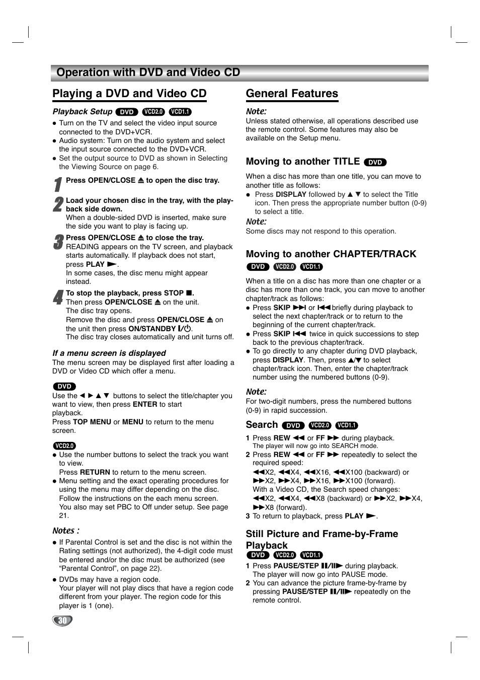 General features, Moving to another title, Moving to another chapter/track | Search, Still picture and frame-by-frame playback | Toshiba SD-V596SU User Manual | Page 30 / 49