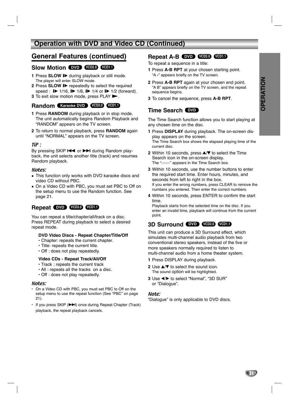 Opera tion, Slow motion, Random | Repeat, Repeat a-b, Time search, 3d surround | Toshiba SD-V596SU User Manual | Page 31 / 49