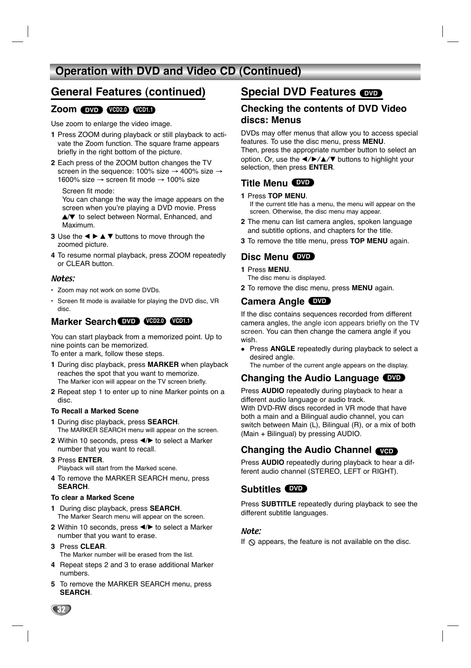 Special dvd features, Zoom, Marker search | Checking the contents of dvd video discs: menus, Title menu, Disc menu, Camera angle, Changing the audio language, Changing the audio channel, Subtitles | Toshiba SD-V596SU User Manual | Page 32 / 49