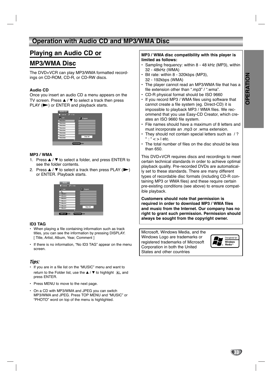 Opera tion, Tips | Toshiba SD-V596SU User Manual | Page 33 / 49