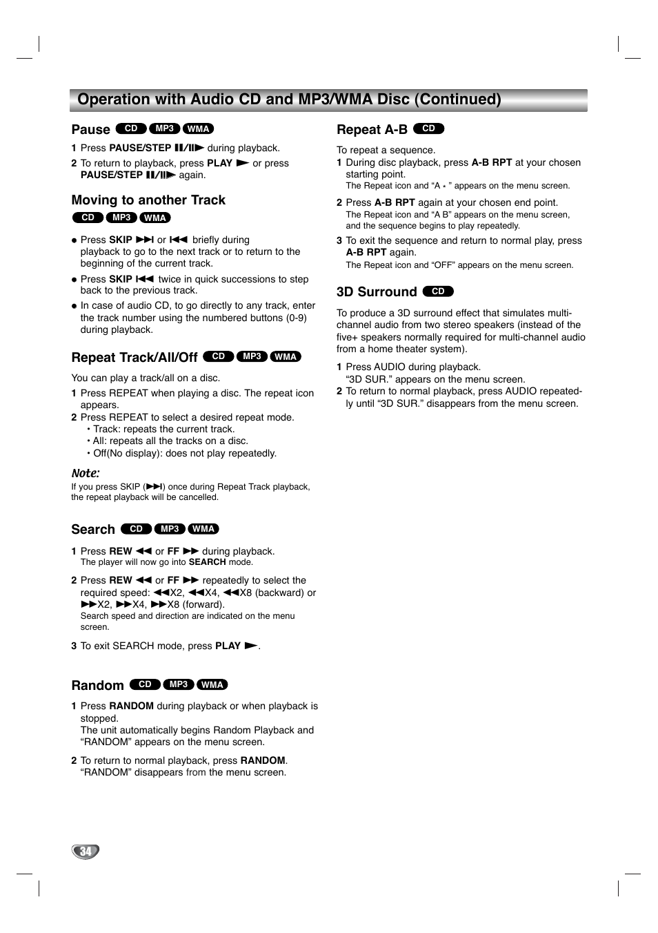 Pause, Moving to another track, Repeat track/all/off | Search, Random, Repeat a-b, 3d surround | Toshiba SD-V596SU User Manual | Page 34 / 49