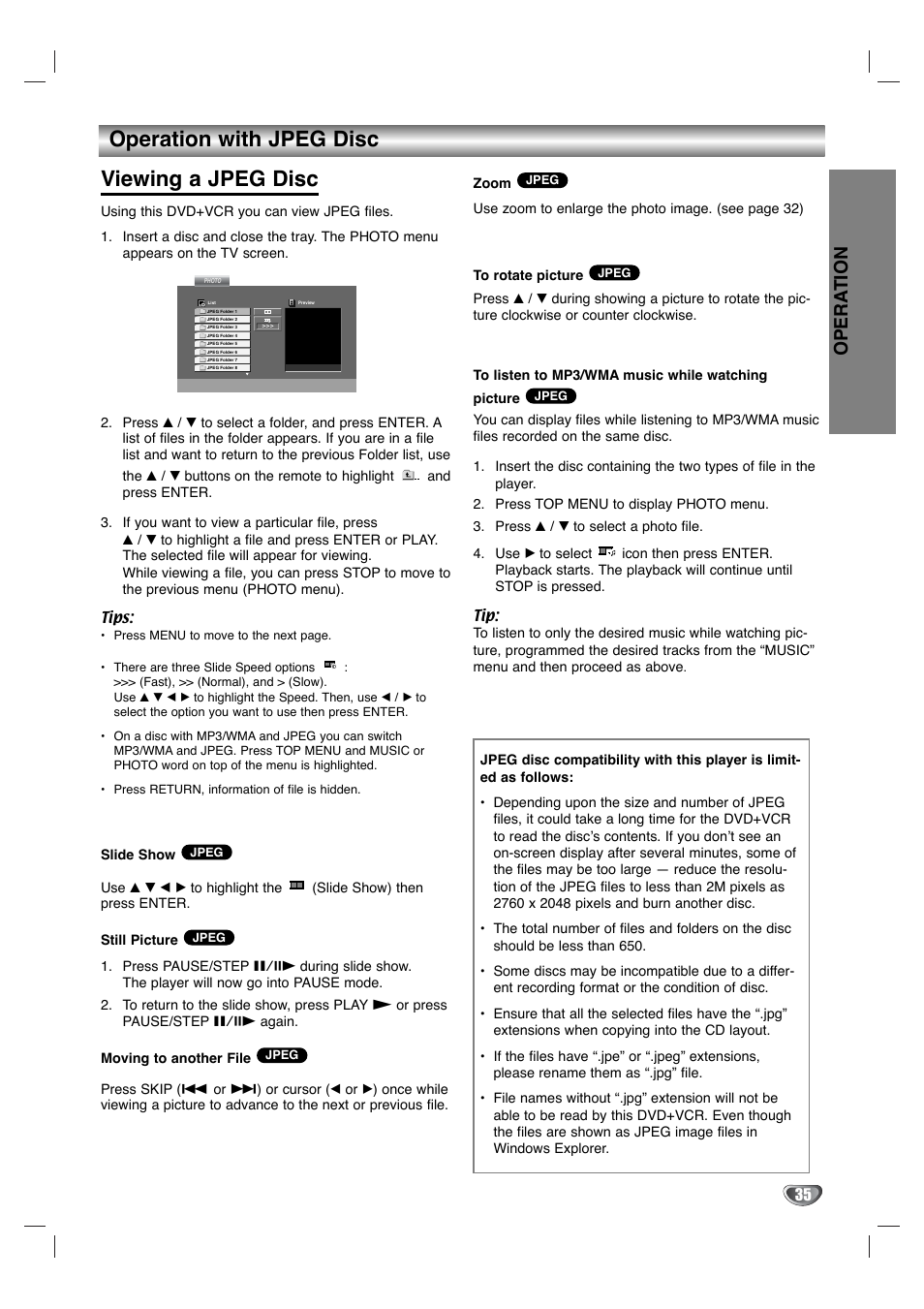 Operation with jpeg disc viewing a jpeg disc, Opera tion | Toshiba SD-V596SU User Manual | Page 35 / 49
