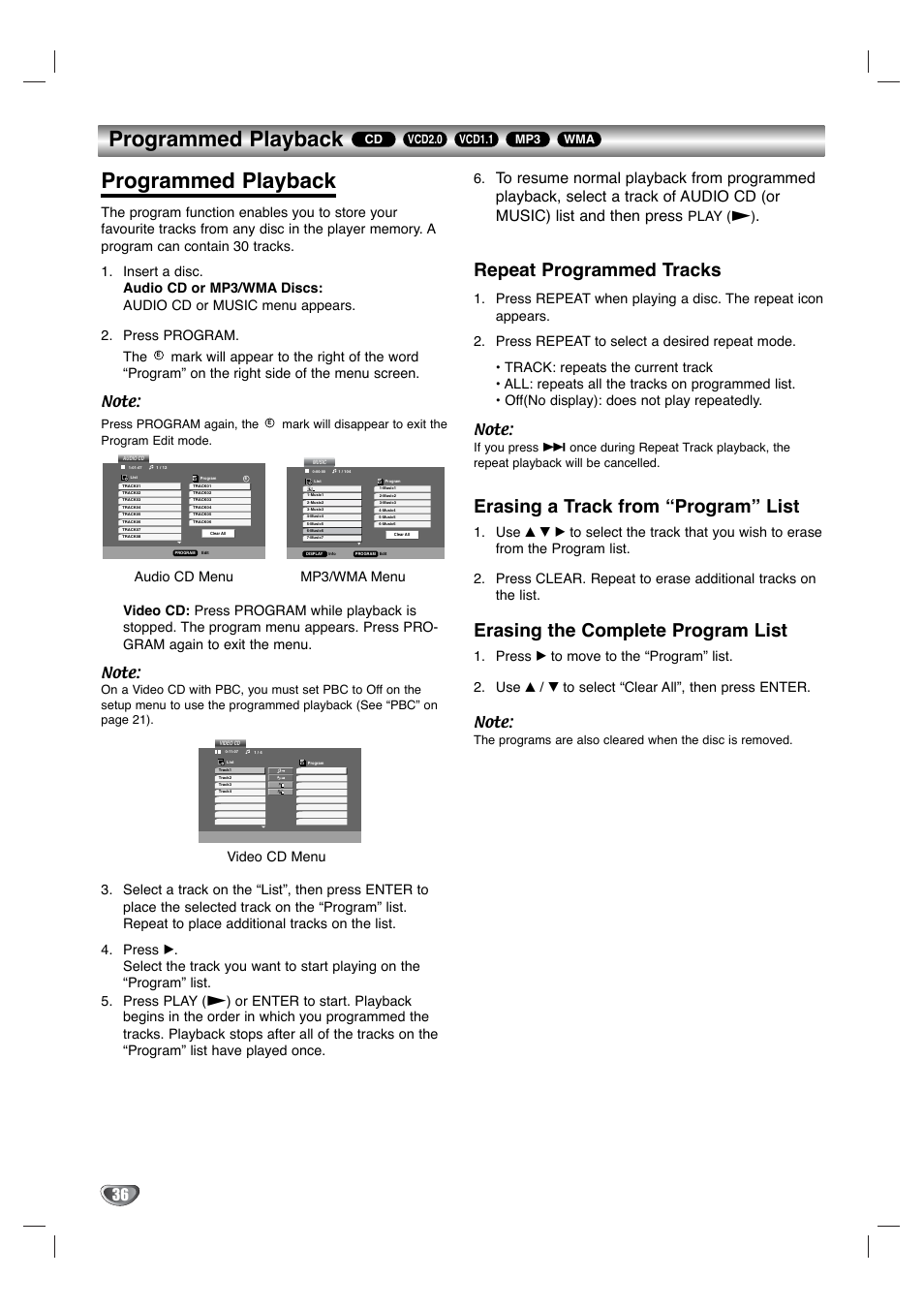 Programmed playback, Repeat programmed tracks, Erasing a track from “program” list | Erasing the complete program list, Play (n) | Toshiba SD-V596SU User Manual | Page 36 / 49