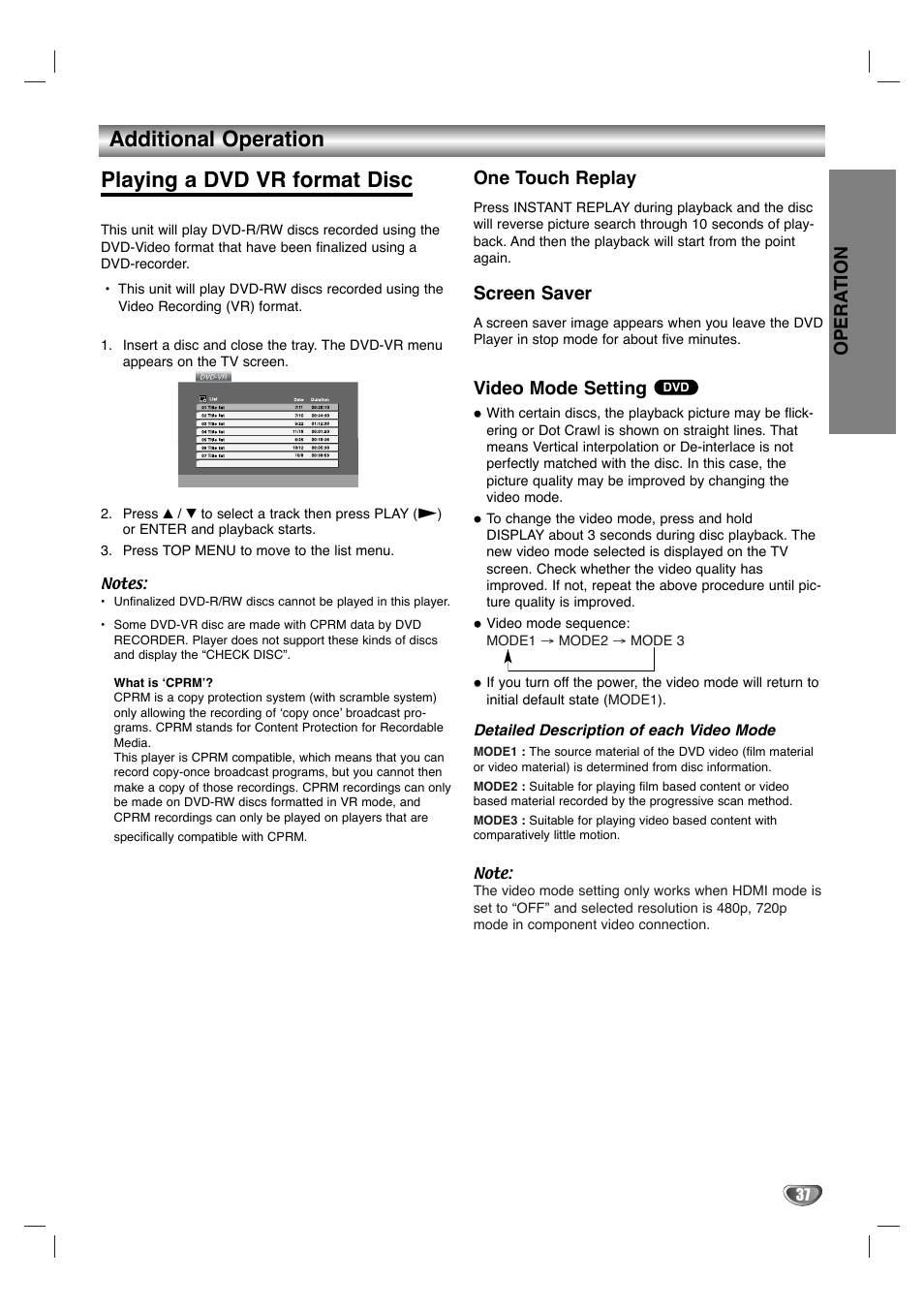 Additional operation playing a dvd vr format disc, Opera tion, One touch replay | Screen saver, Video mode setting | Toshiba SD-V596SU User Manual | Page 37 / 49