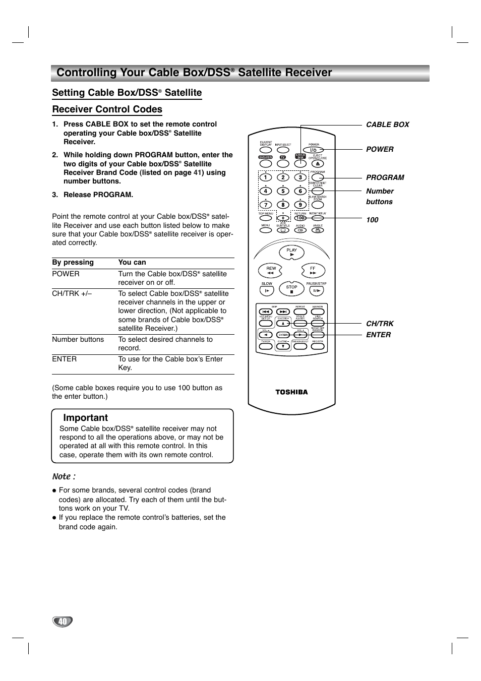 Controlling your cable box/dss, Satellite receiver, Setting cable box/dss | Satellite receiver control codes, Important | Toshiba SD-V596SU User Manual | Page 40 / 49