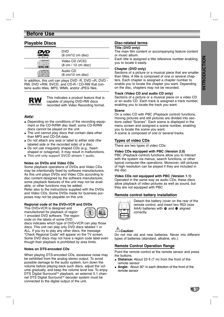 1all, Before use, Introduction | Playable discs | Toshiba SD-V596SU User Manual | Page 5 / 49