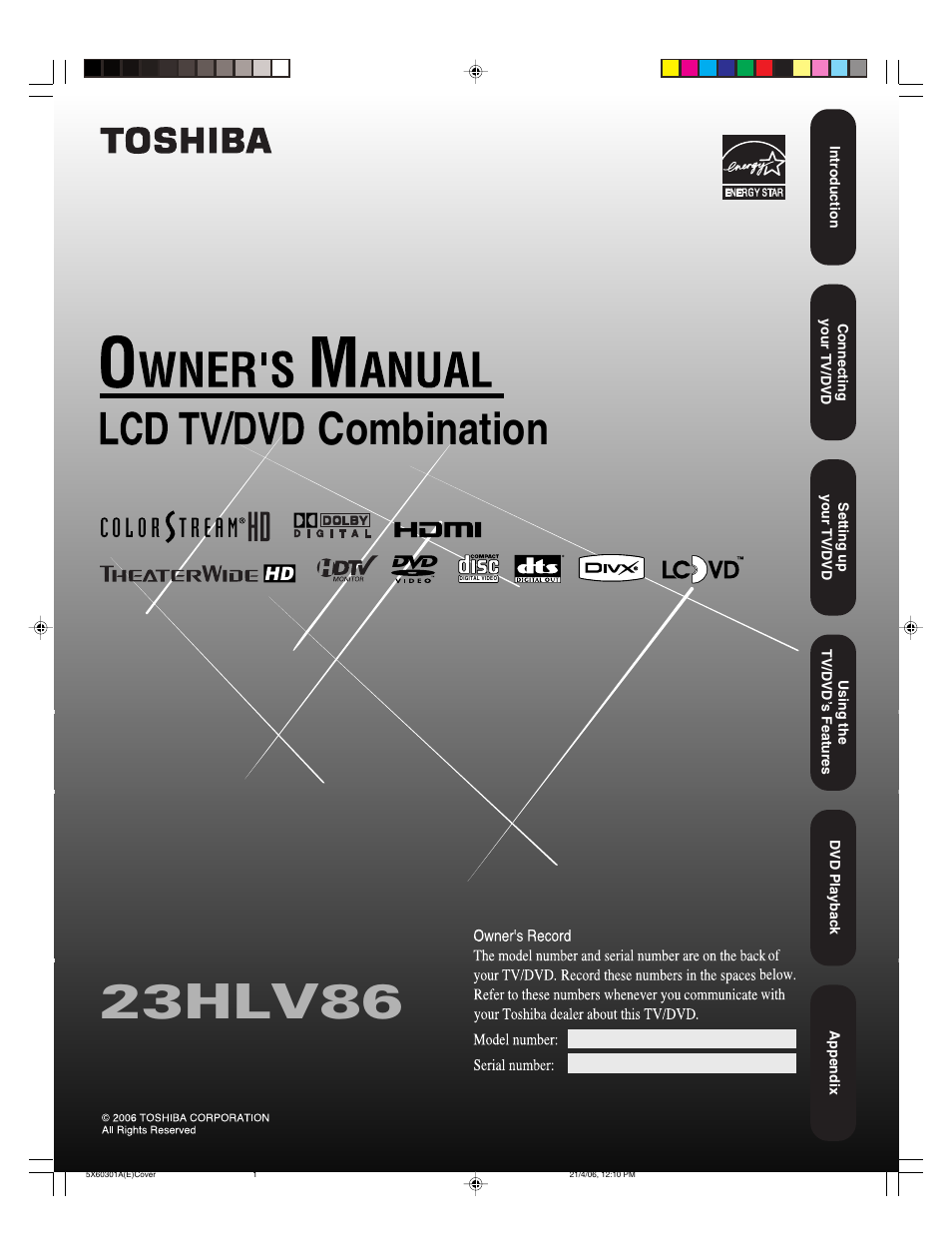 Toshiba Lcd TV/DVD Combination 23HLV86 User Manual | 68 pages