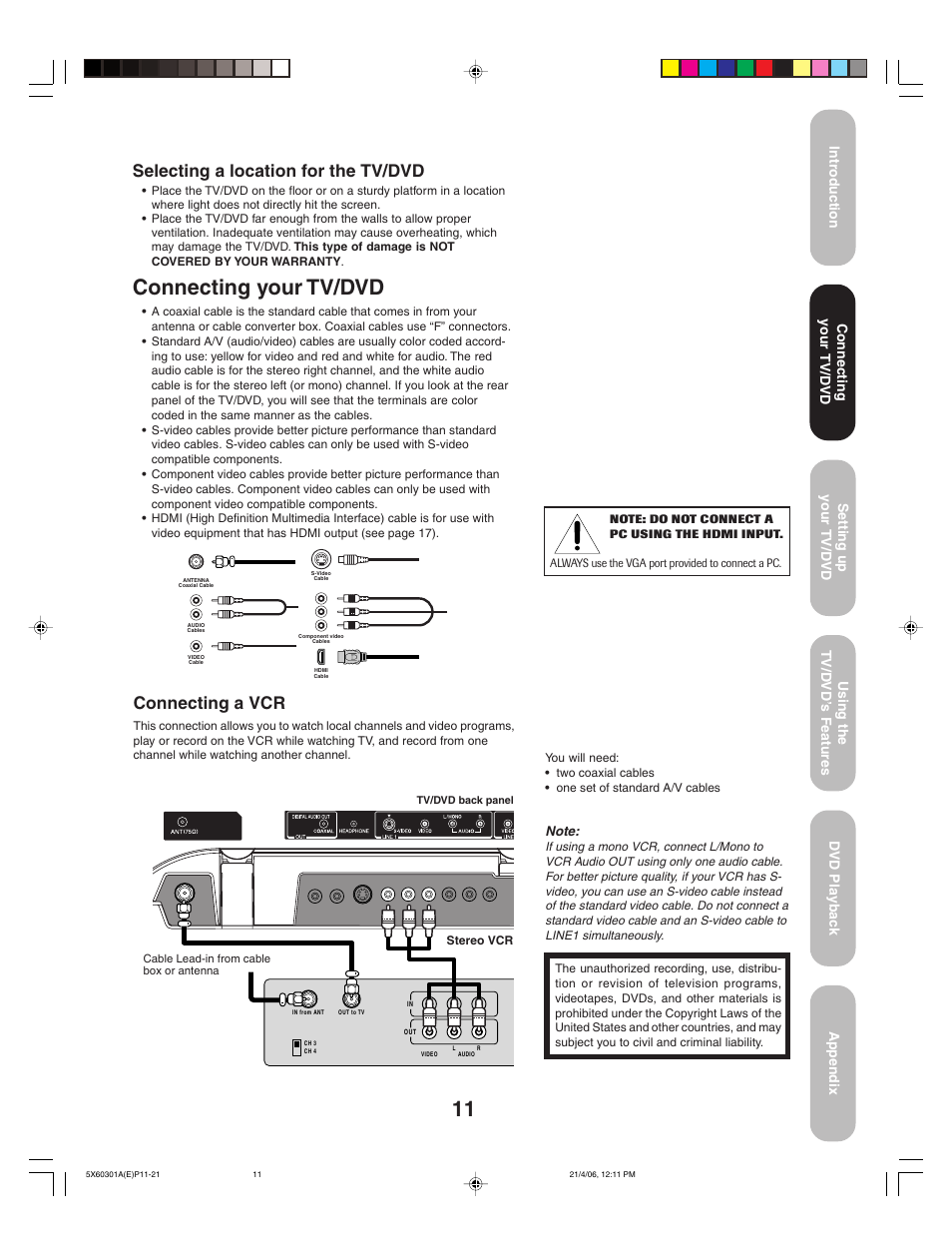 Connecting your tv/dvd, Connecting a vcr, Selecting a location for the tv/dvd | Toshiba Lcd TV/DVD Combination 23HLV86 User Manual | Page 11 / 68