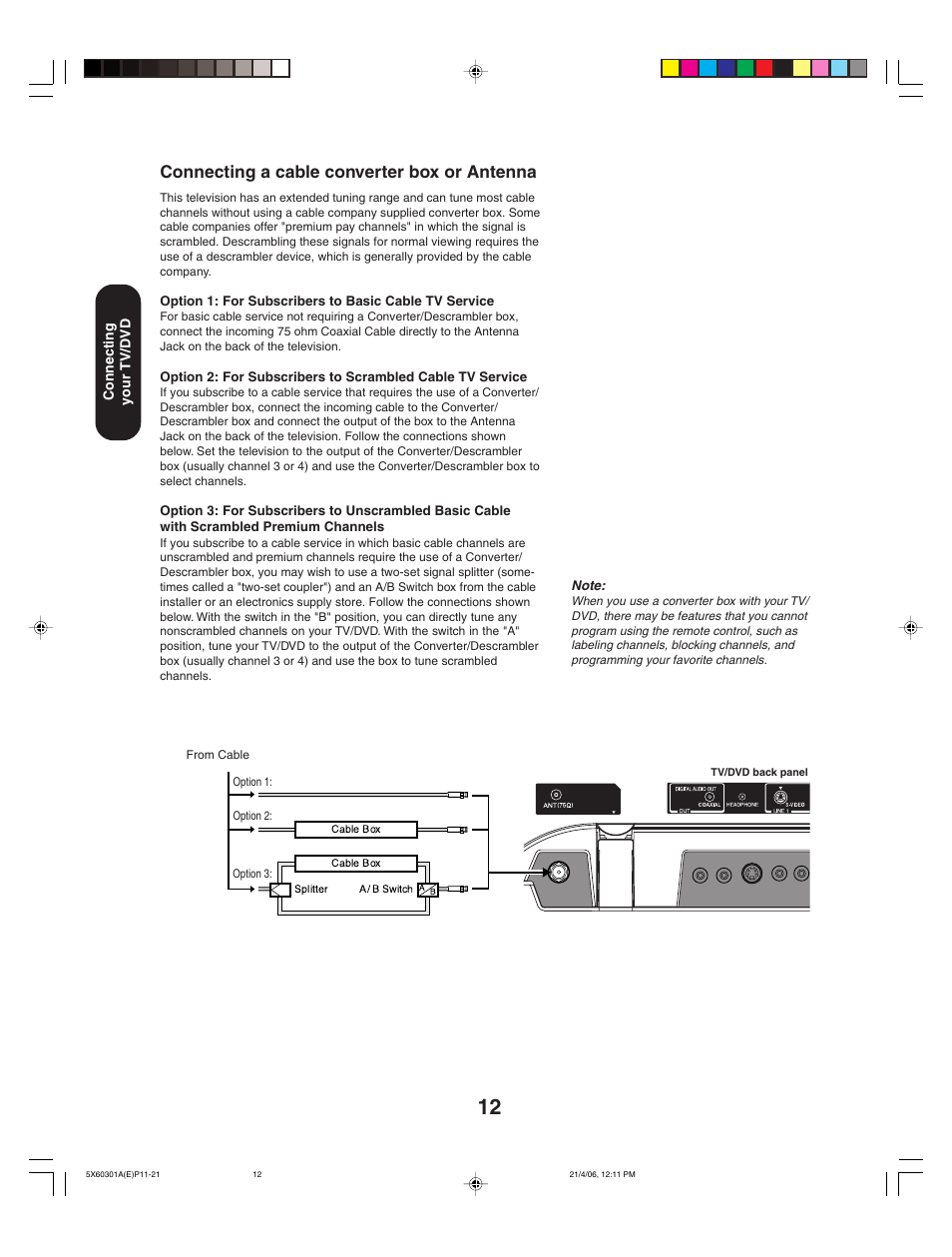 Connecting a cable converter box or antenna | Toshiba Lcd TV/DVD Combination 23HLV86 User Manual | Page 12 / 68