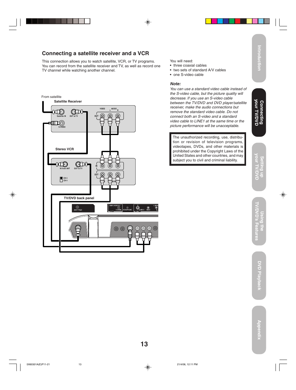 Connecting a satellite receiver and a vcr, Connecting your tv/dvd | Toshiba Lcd TV/DVD Combination 23HLV86 User Manual | Page 13 / 68