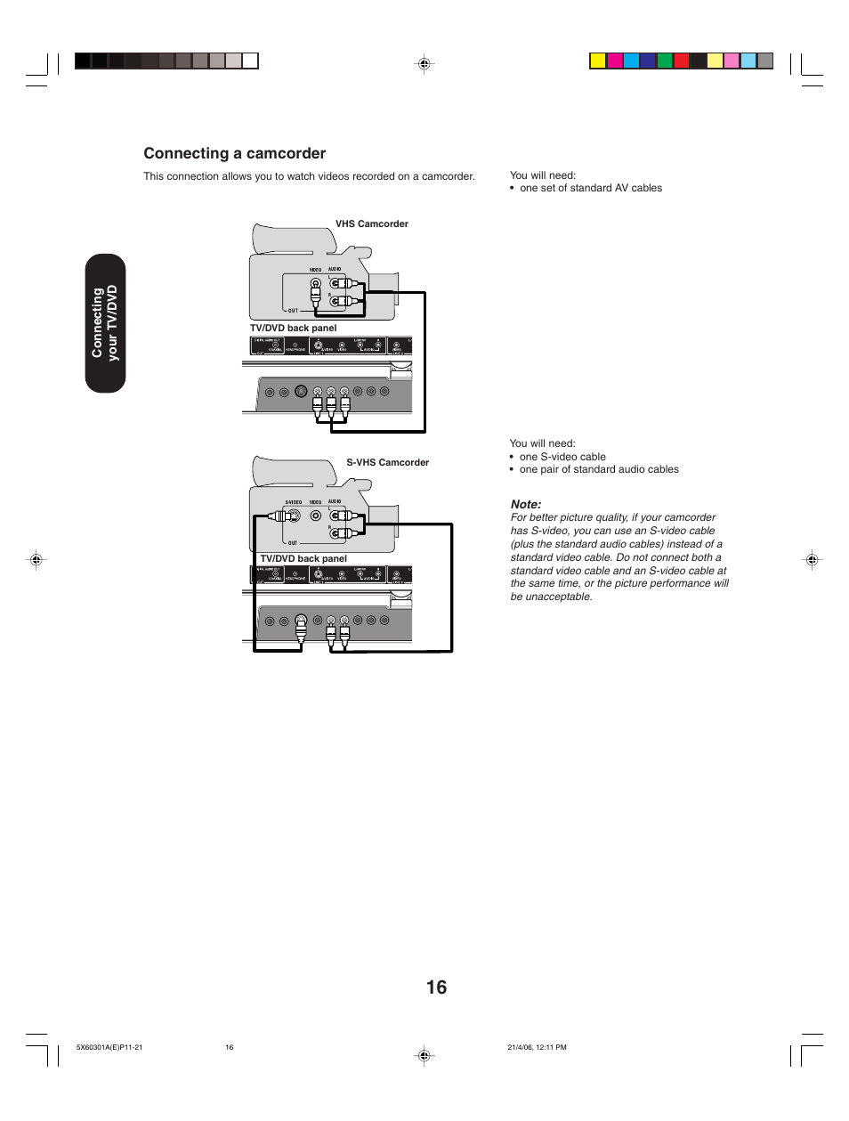 Connecting a camcorder, Connecting your tv/dvd | Toshiba Lcd TV/DVD Combination 23HLV86 User Manual | Page 16 / 68